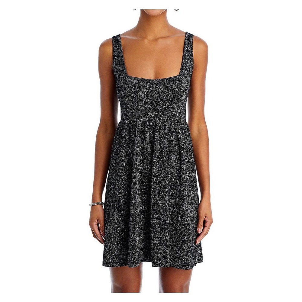 AQUA Women's Metallic Knit Square Neck Mini Dress Black Silver XS Party